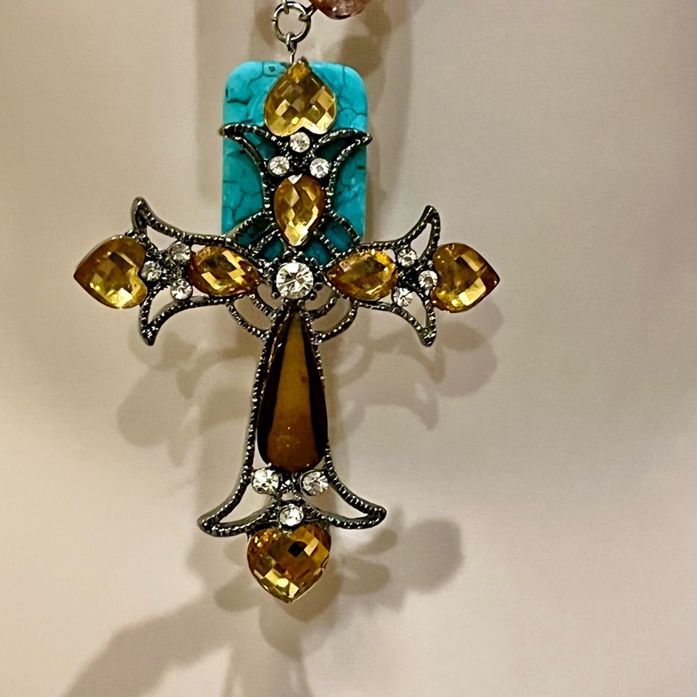Chic Turquoise Statement Crystal Cross Long Neckl… - image 3